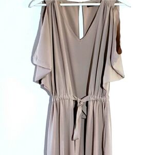 Womens Flowy Tan Jumpsuit Wide Leg Cold Shoulder